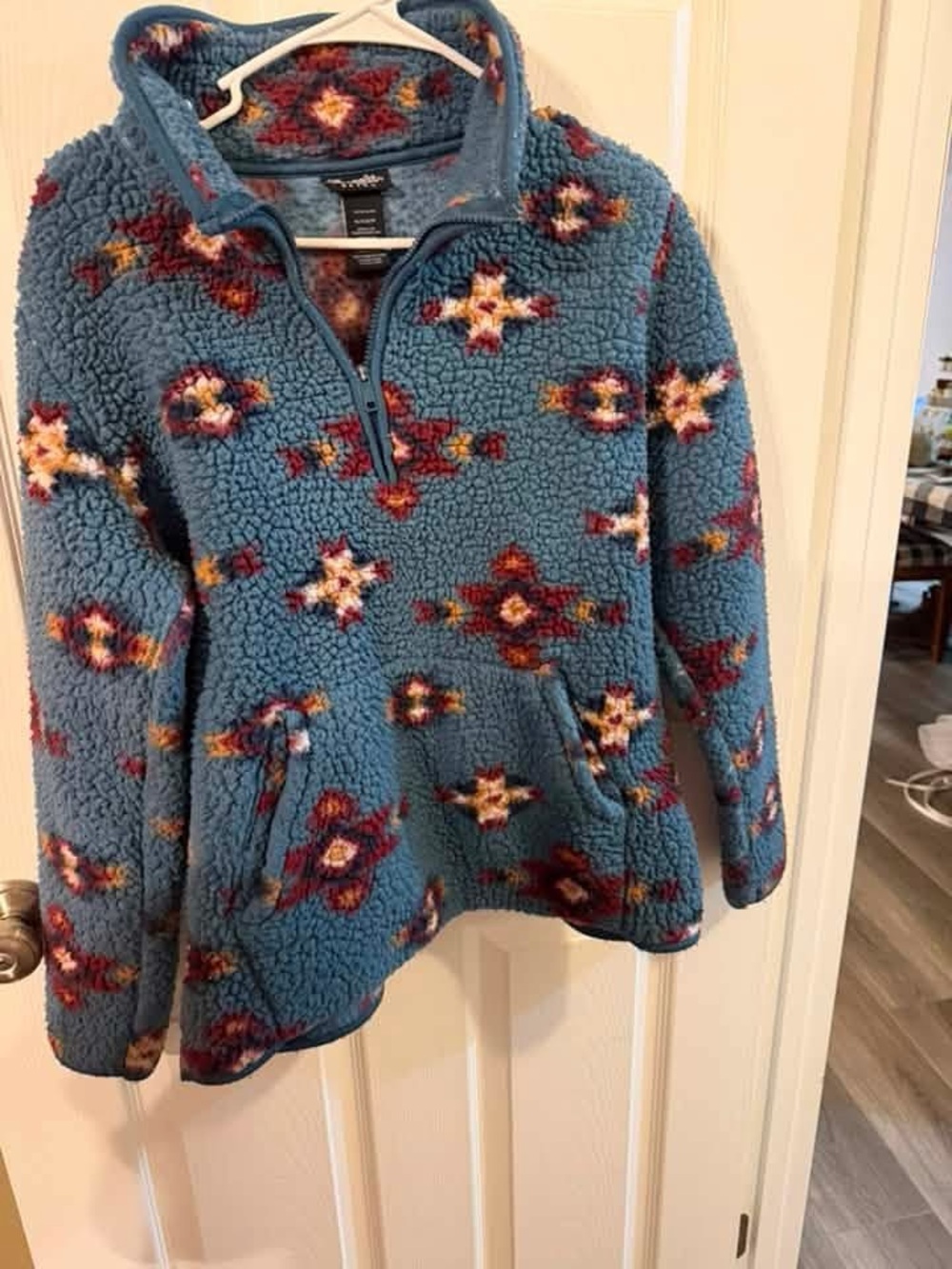Blue Patterned Sherpa Pullover Jacket with Southwestern Motif